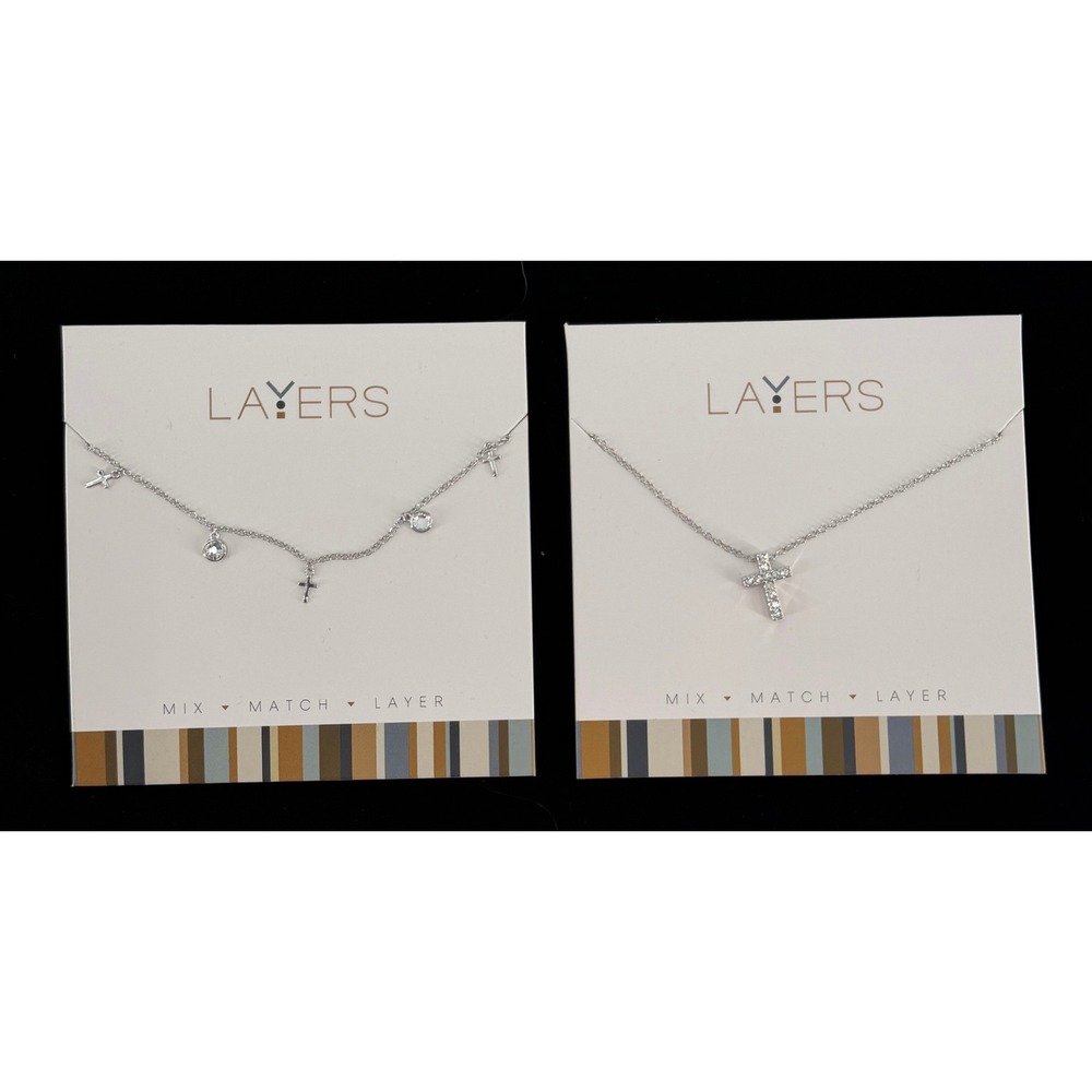 LAYERS Silver Tone Cross Necklace Set Adjustable Crystal Religious Jewelry New